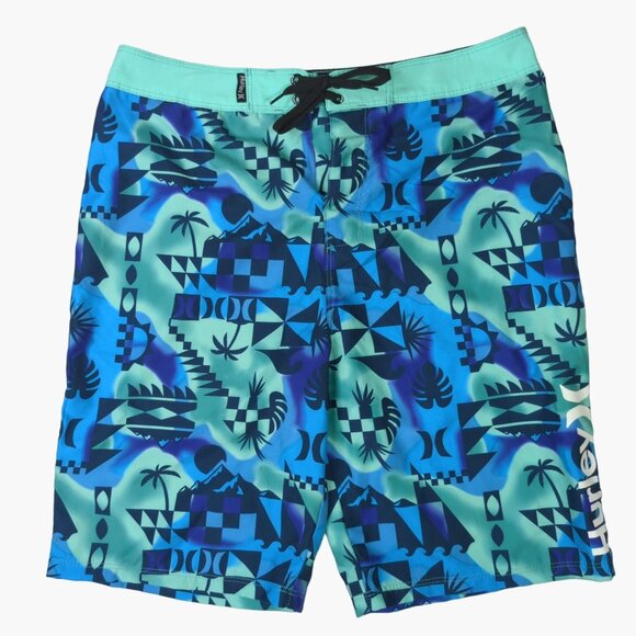 Hurley Mens Graphic Swim Trunks Size 18/29 Blue Green Polyester - Picture 1 of 12